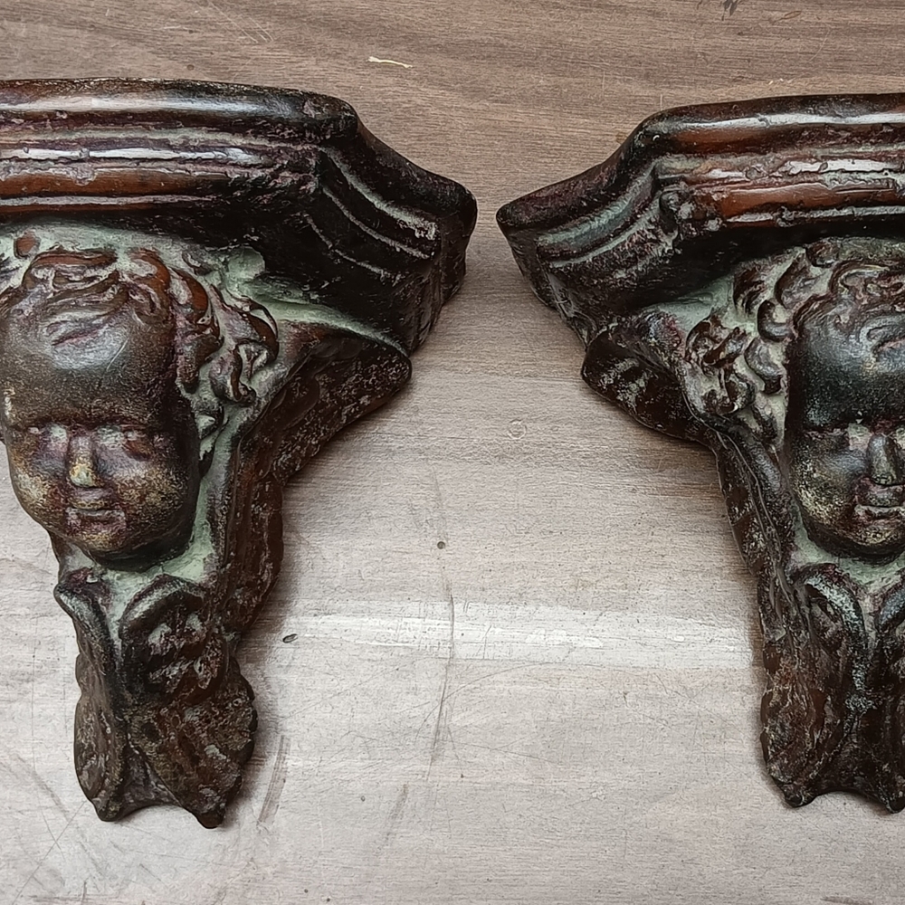 Antique Chalkware Cherub Corbels; Wall Brackets, Shelves – Bronze Finish. 1Each.